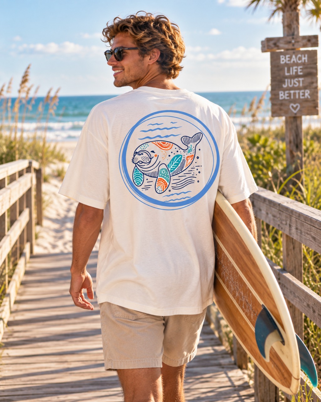Frickin Breezy apparel on a beach boardwalk