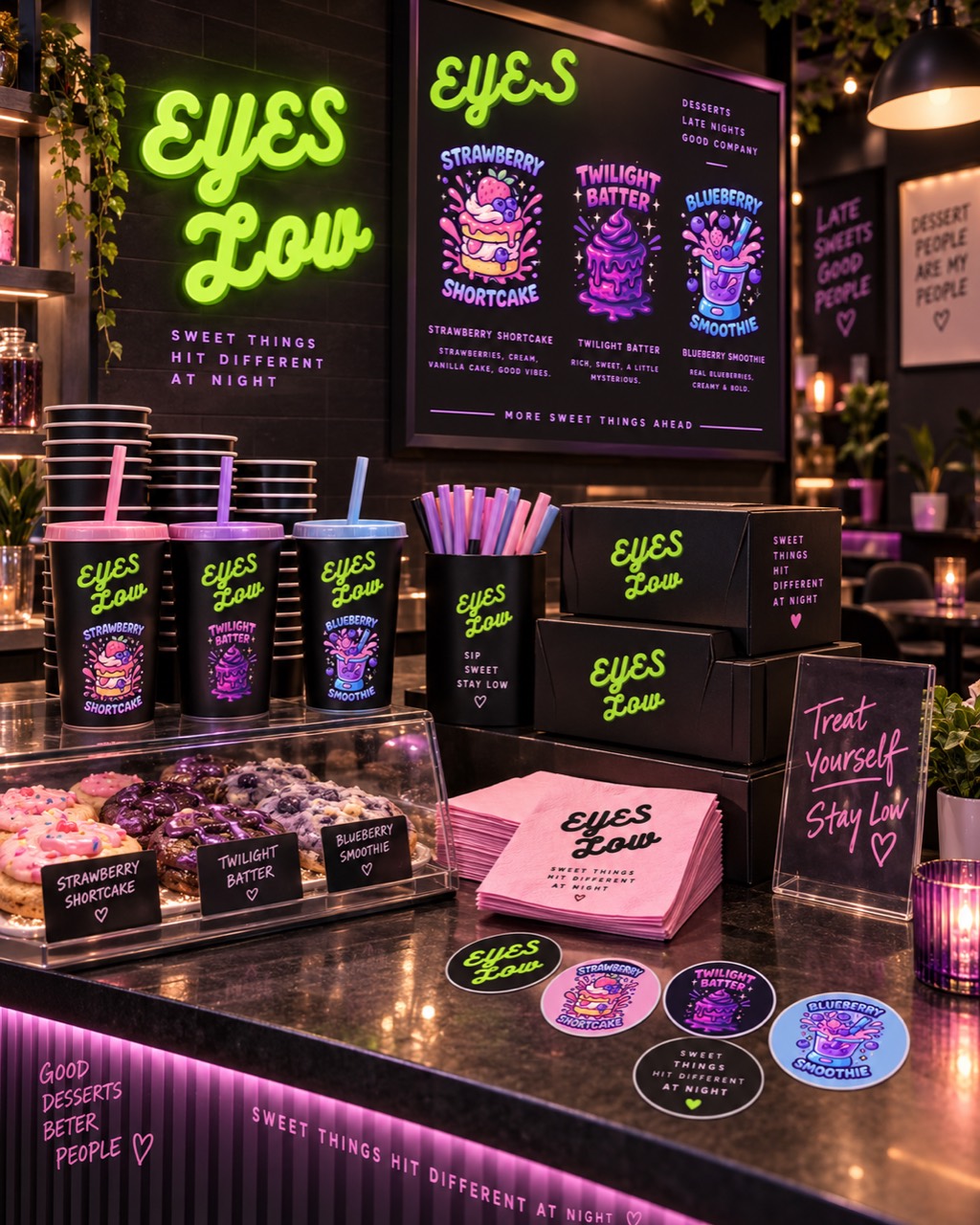 Eyes Low dessert shop environmental branding