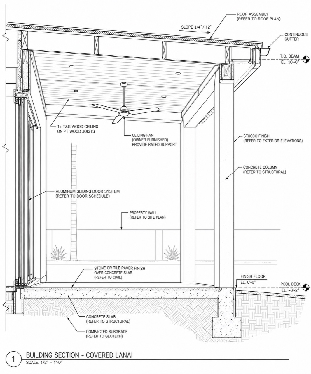 Detailed architectural building section through a covered lanai