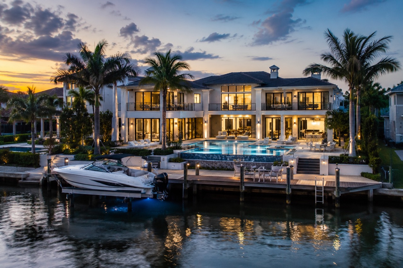 Modern waterfront residence visualization at blue hour