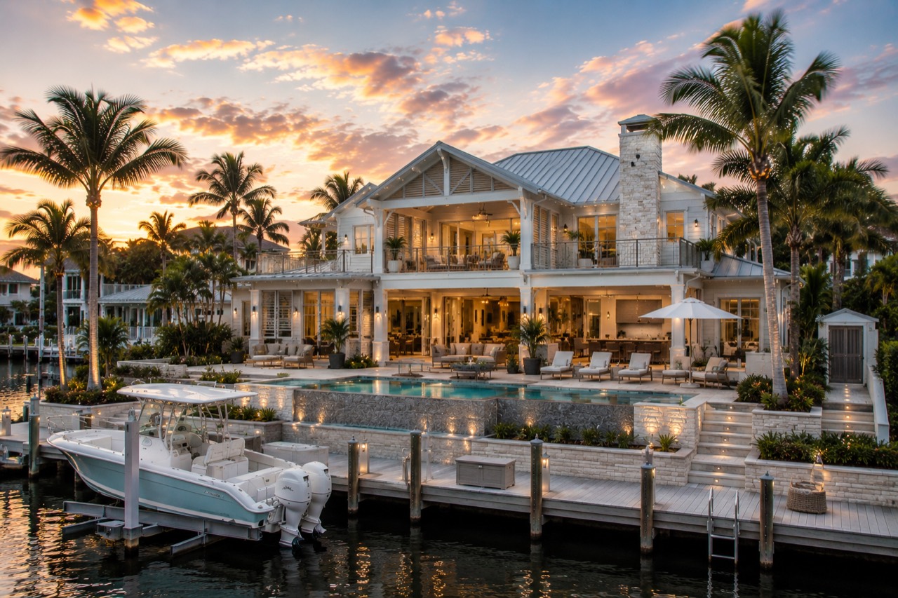 White coastal waterfront residence visualization glowing at sunset
