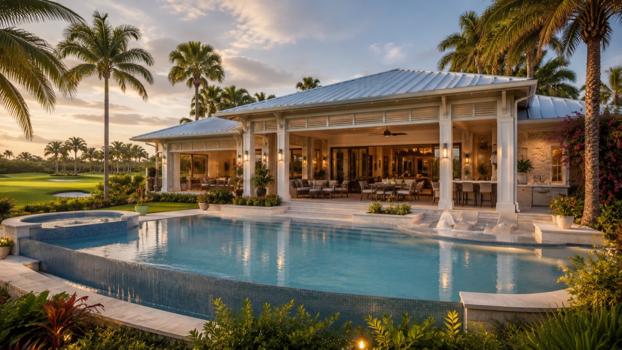 Pool terrace visualization at Green Tree Residence overlooking the golf course