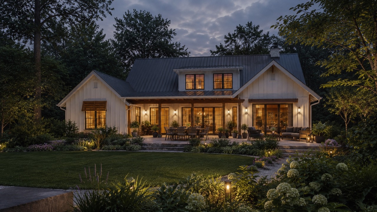 Rear garden terrace visualization of Juniper House at blue hour