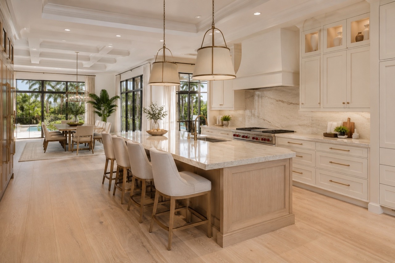 Warm oak and stone kitchen visualization