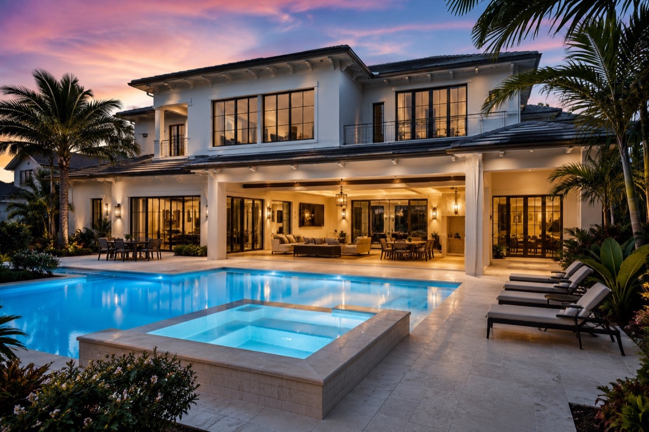 Twilight architectural visualization of a coastal residence and pool