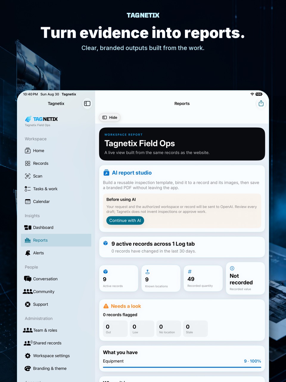 Tagnetix branded report product experience